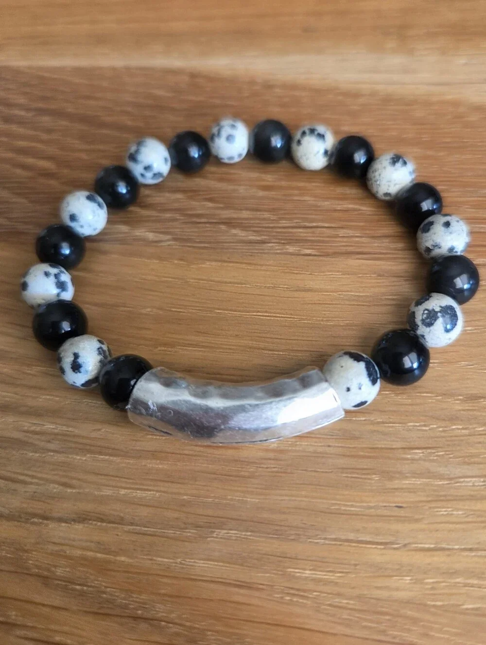Dalmatian Jasper and Rainbow Obsidian Beaded Stretch Bracelet | Handmade